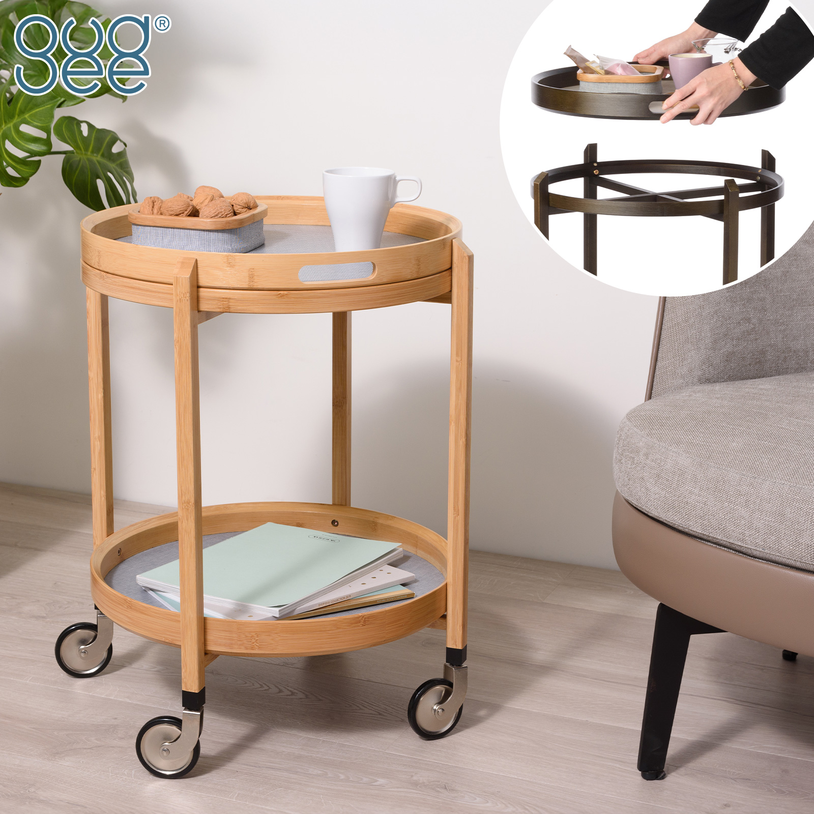 Gudee グディ キッチンワゴン 2段 木製 サイドテーブル キャスター付き