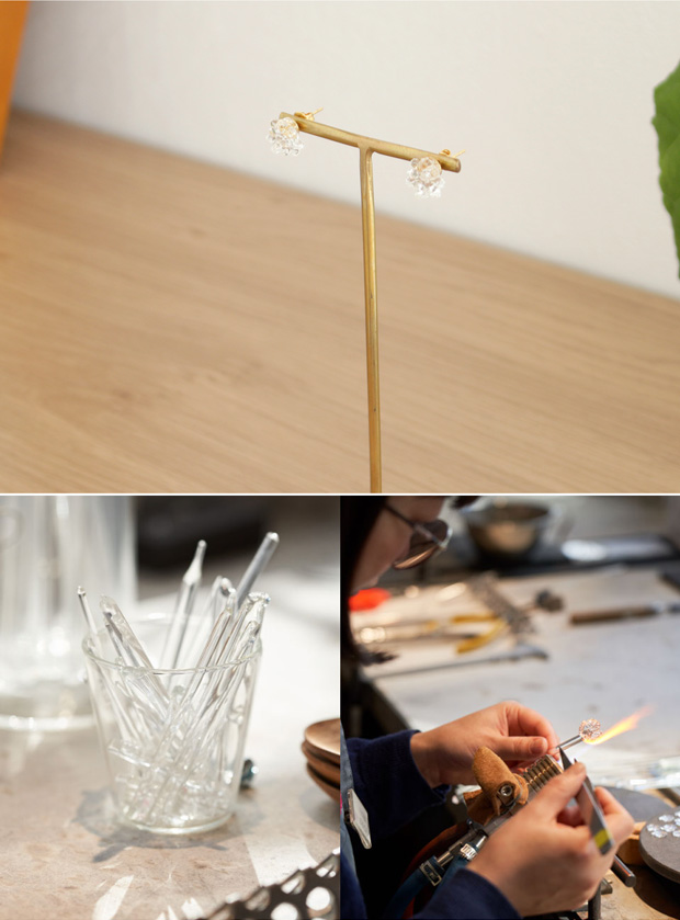 ハリオ ピアス ミモザ 花 ガラス製 HARIO Lampwork Factory 手作り 日本製 小ぶり