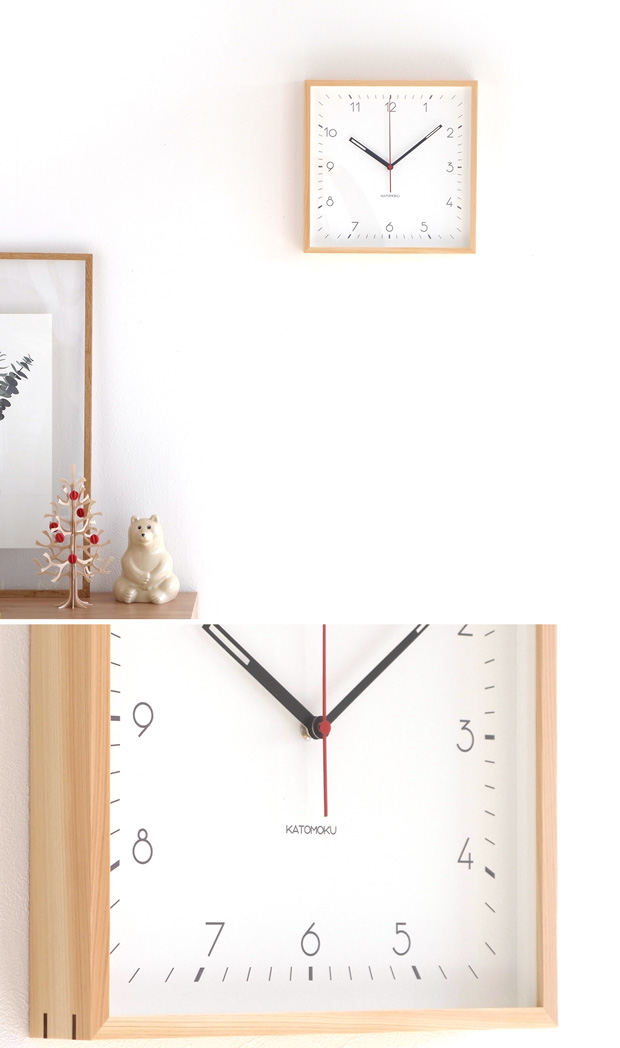加藤木工 カトモク KATOMOKU Square Clock 3 ナチュラル ヒノキ 電波時計 壁掛け スイープムーブメント