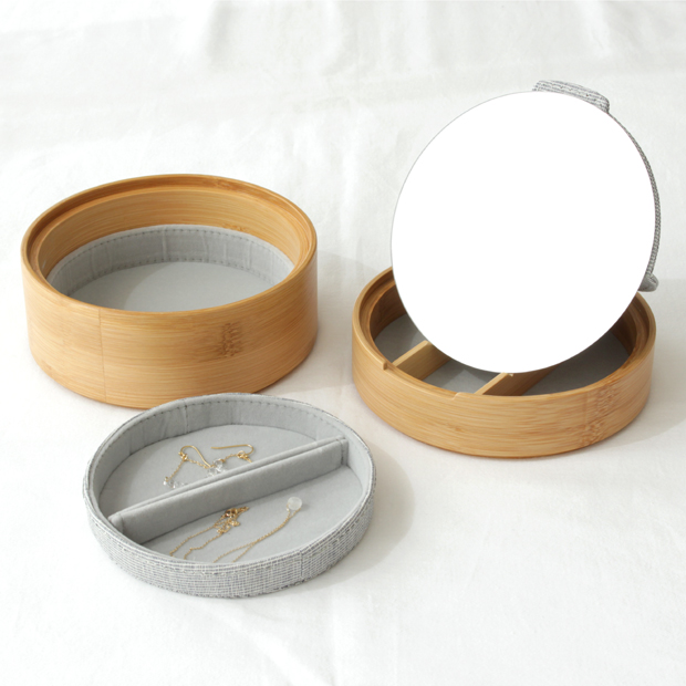 GUDEE ミラー付き ジュエリーボックス アクセサリーケース 木製 竹 バンブー 布 ラウンド型 JULI Jewelry box with mirror GudeeLife グディ グッディ