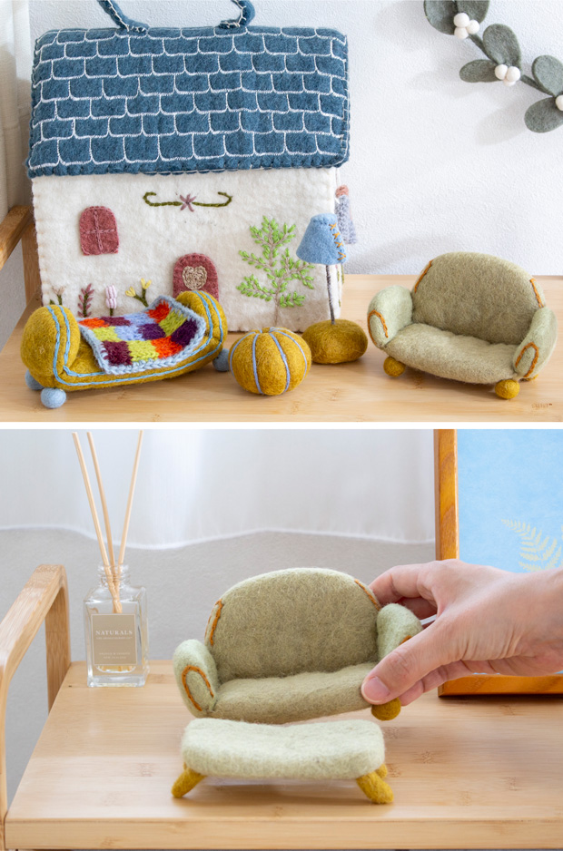 Gry&Sif ミニチュア ソファー＆コーヒーテーブルセット ベージュ 家具 フェルト 北欧 ハンドメイド オーナメント 飾り フェアトレード グライアンドシフ