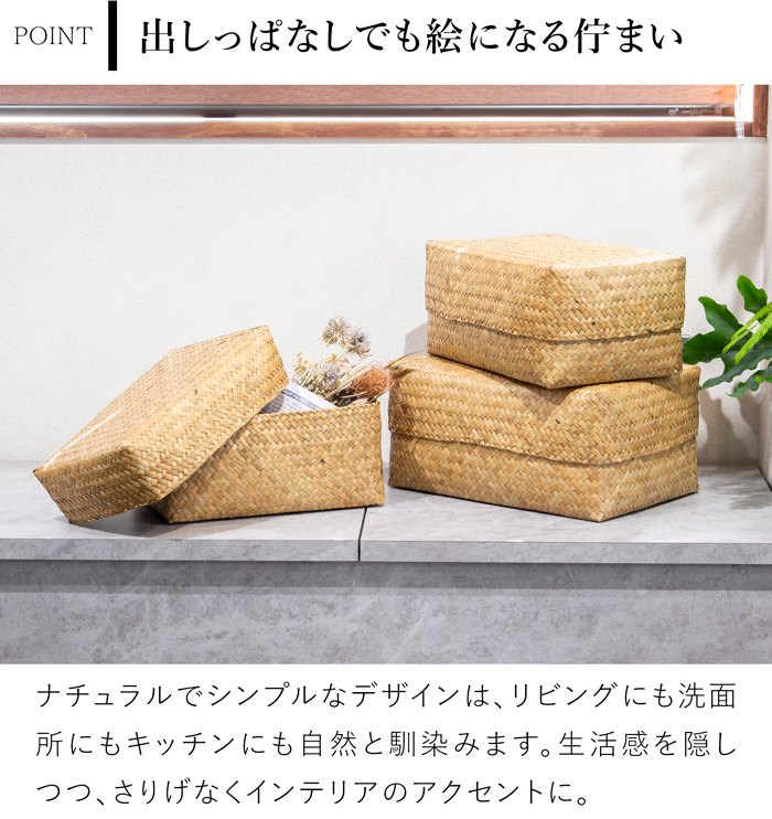 蓋付き 収納かご 長方形 3個セット ふた付き四角BOX バスケット 深型 サイアム カチュー 水草 天然素材 ハンドメイド 収納ボックス 水草のかご Siam タイプB