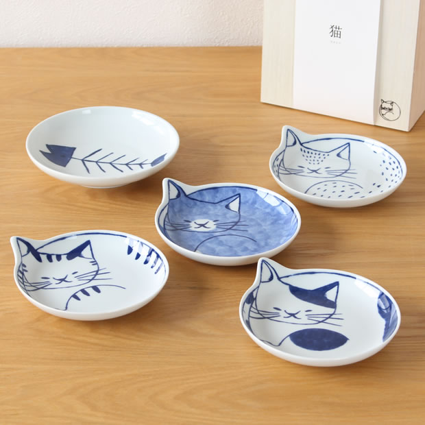 neco皿 5枚セット 木箱入り 波佐見焼 猫皿 ねこ皿 磁器 石丸陶芸