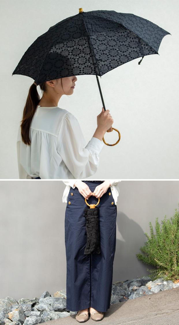 シュールメール 日傘 SUR MER 麻刺繍 輪っか水玉 リネン 麻 刺繍 水玉 竹輪っか 長傘 折りたたみ傘 日本製 UVカット 紫外線防止 シュルメール